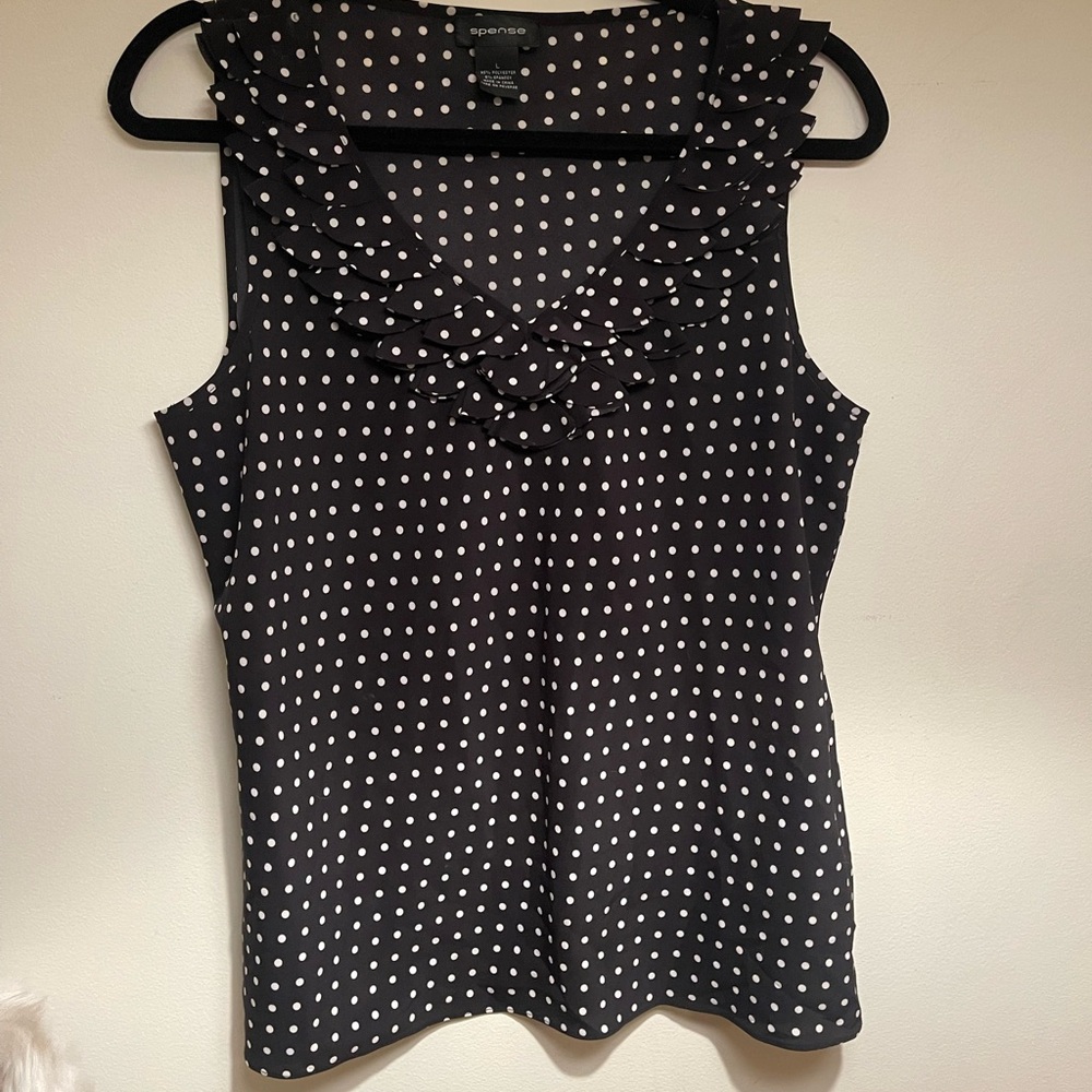 Spense Black and White Polka Dot Ruffle Top